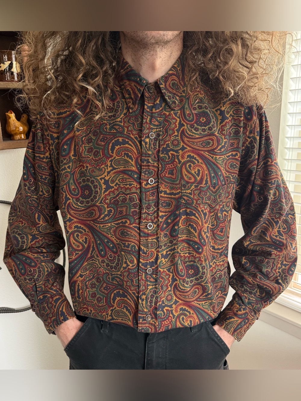Vintage 80s 90s Paisley Earthy LS Button Down Shirt Lands End ~ Size Medium